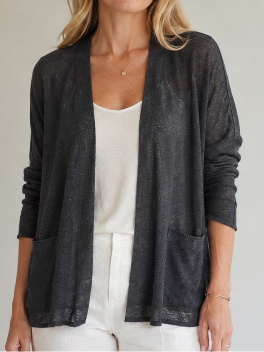 Eileen Fisher Organic Linen Open Front Cardigan Lightweight Charcoal Gray Medium